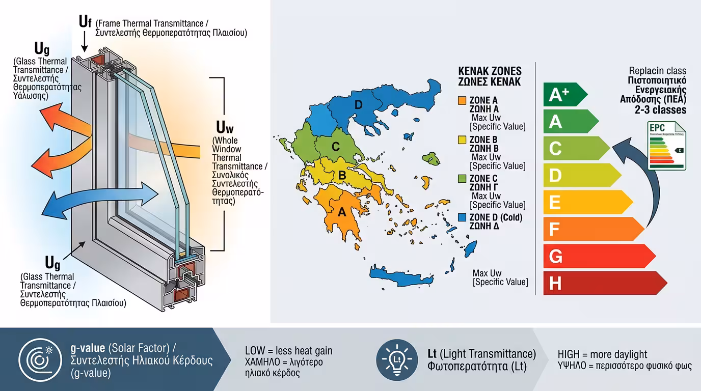 Ινφογκράφικ συντελεστών - Uw, Uf, Ug, ΚΕΝΑΚ ζώνες, ΠΕΑ, g-value
