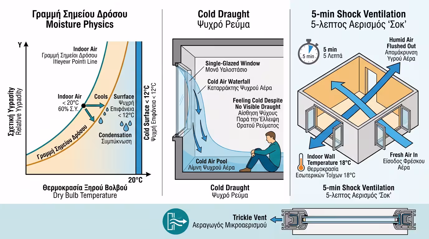 Ινφογκράφικ υγρασίας - σημείο δρόσου, μούχλα, cold draught, αερισμός