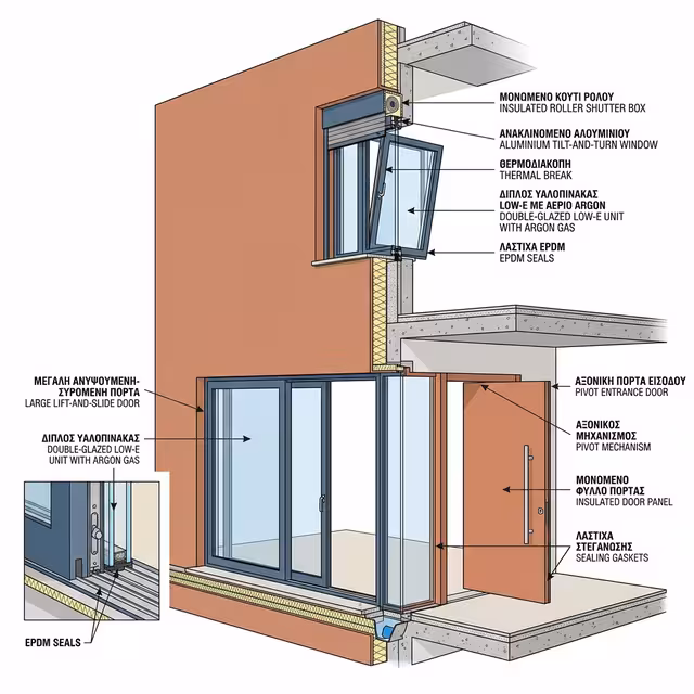 Εξωτερικά κουφώματα αλουμινίου, PVC και ξύλου σε σύγχρονη κατοικία