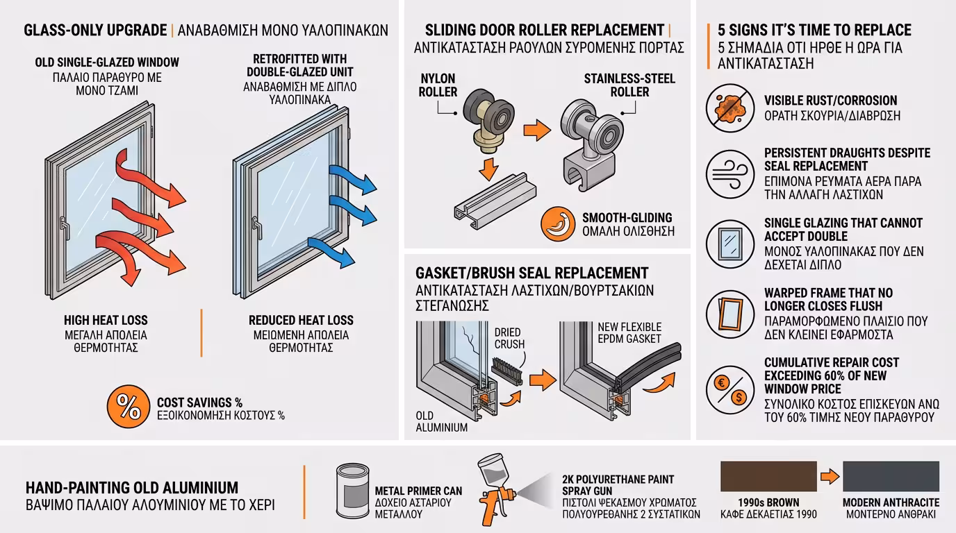 Ινφογκράφικ αναβάθμισης - τζάμι, ράουλα, λάστιχα, βάψιμο, 5 σημάδια