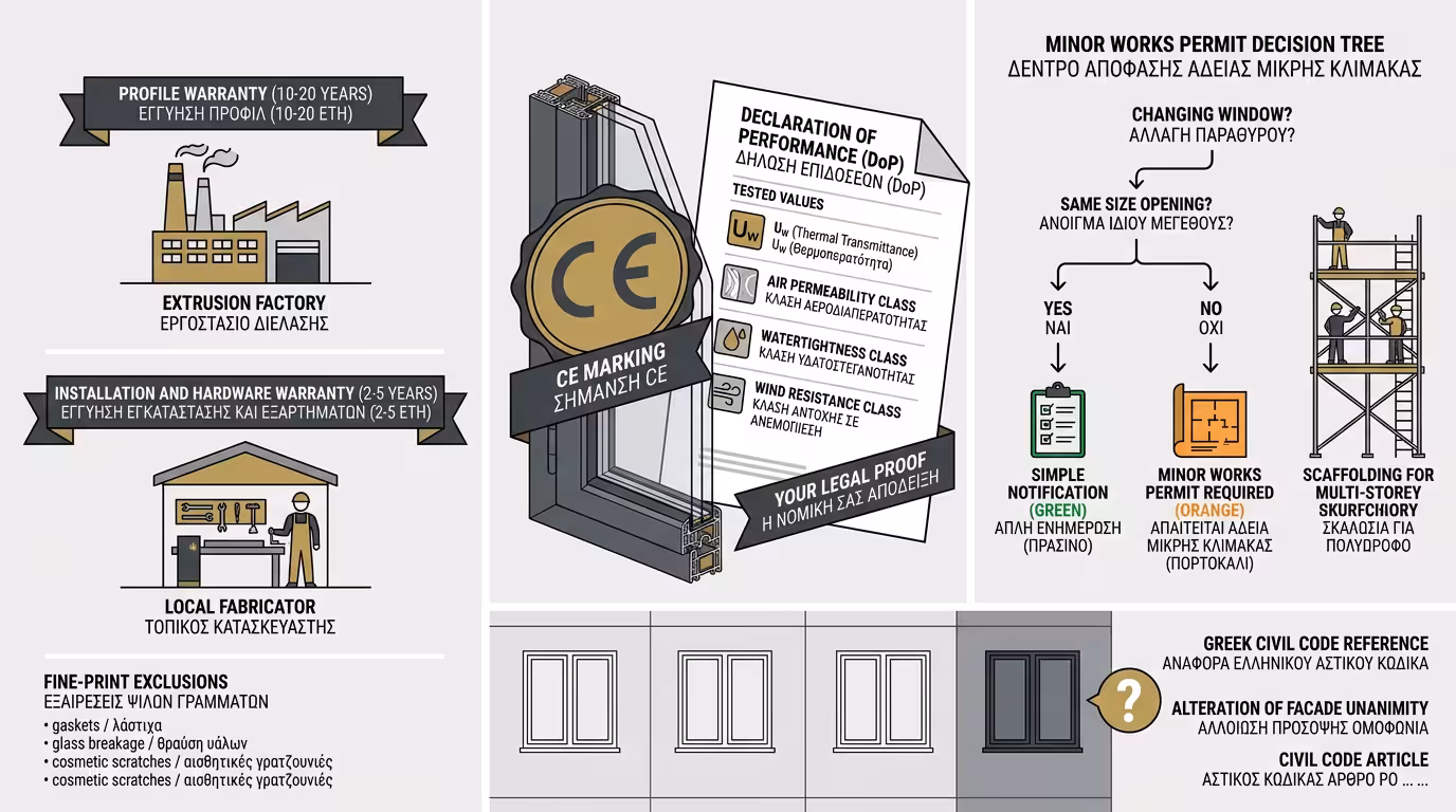 Ινφογκράφικ πιστοποιήσεων - CE, ISO, εγγυήσεις, Πολεοδομία, EPD