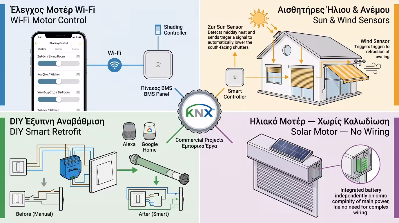Ινφογκράφικ Smart Home - Wi-Fi motors, KNX, αισθητήρες, ηλιακά μοτέρ