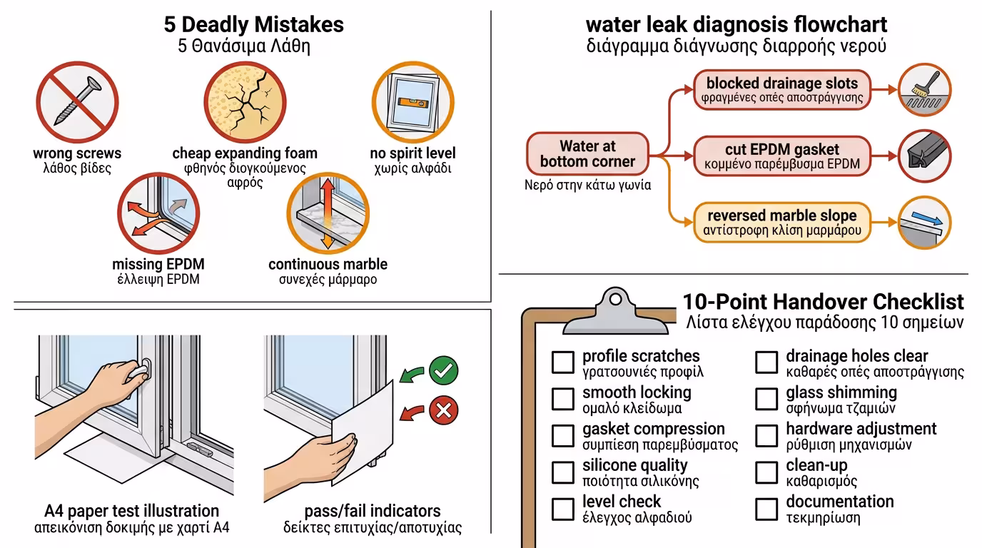 Ινφογκράφικ σφαλμάτων - νερά, τεστ Α4, ρωγμές σοβά, checklist παραλαβής