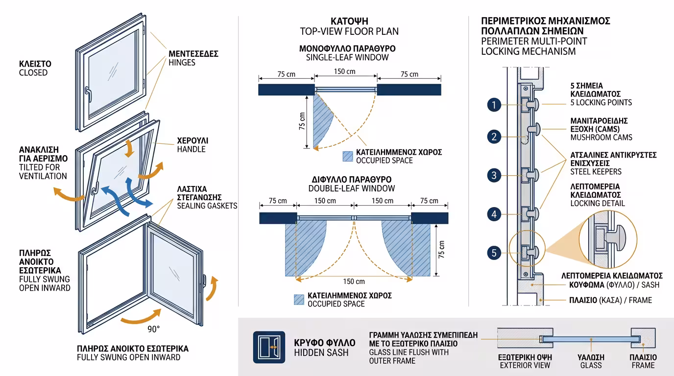 Ινφογκράφικ ανοιγόμενων-ανακλινόμενων κουφωμάτων - μηχανισμοί, ασφάλιση, tilt & turn