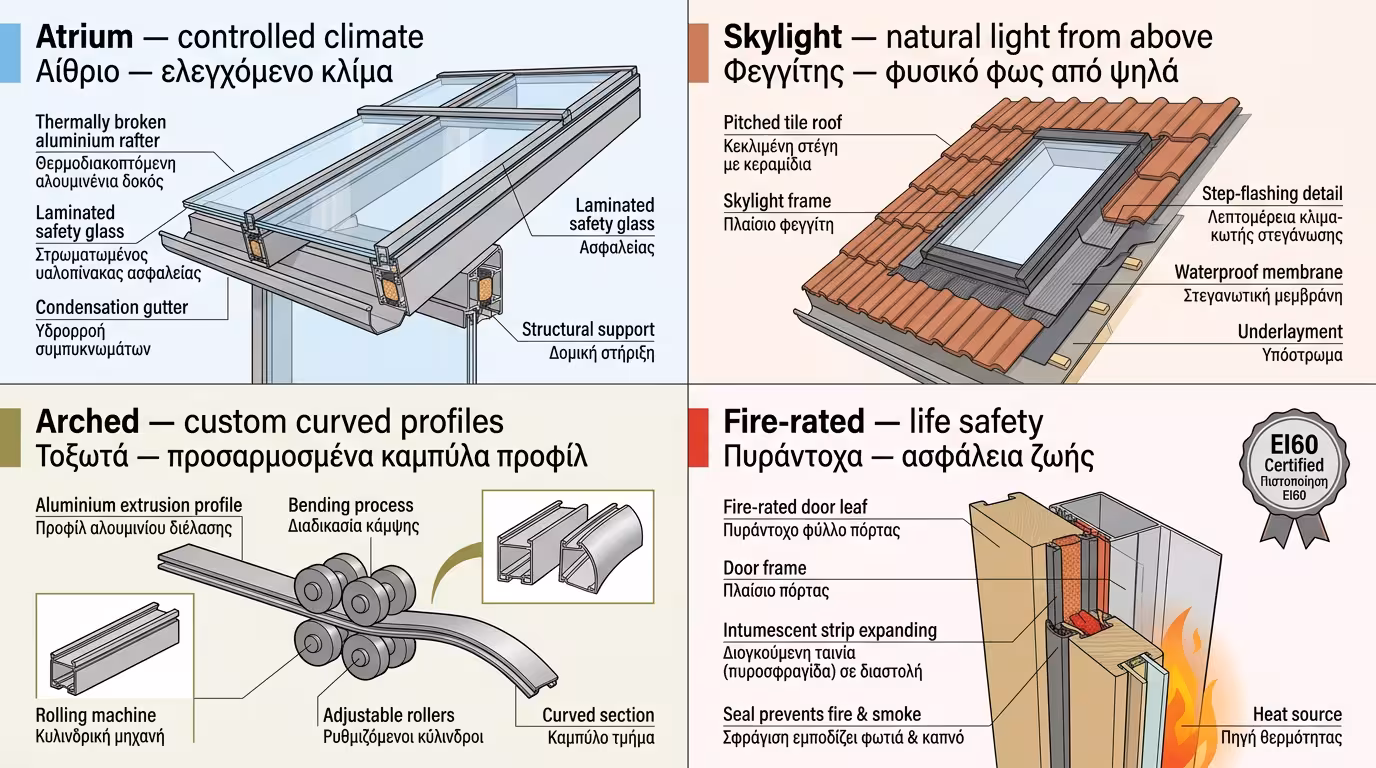 Ινφογκράφικ ειδικών κουφωμάτων - αίθρια, skylights, τοξωτά, πυράντοχα