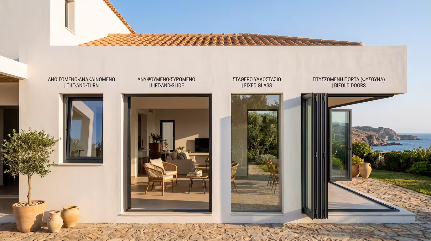 Σύγκριση τύπων κουφωμάτων - ανοιγόμενα, συρόμενα, minimal σε σύγχρονη κατοικία