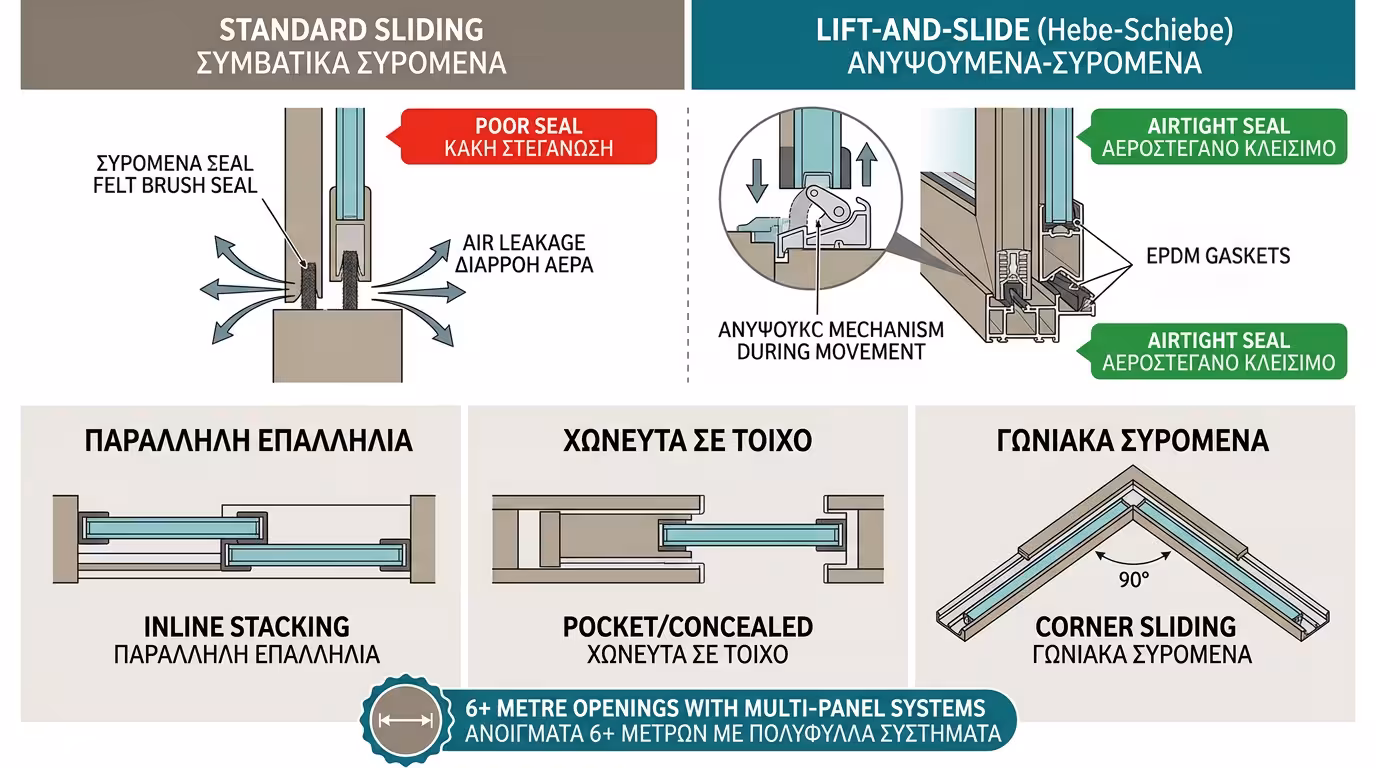 Ινφογκράφικ συρόμενων κουφωμάτων - hebe-schiebe, επάλληλα, γωνιακά