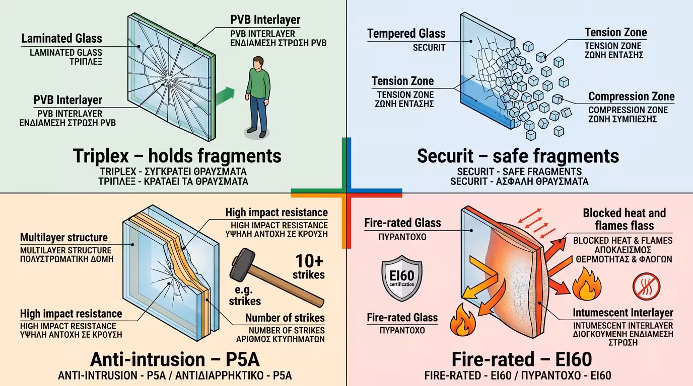 Ινφογκράφικ ασφαλείας υαλοπινάκων - Triplex, Securit, αντιδιαρρηκτικά, πυράντοχα