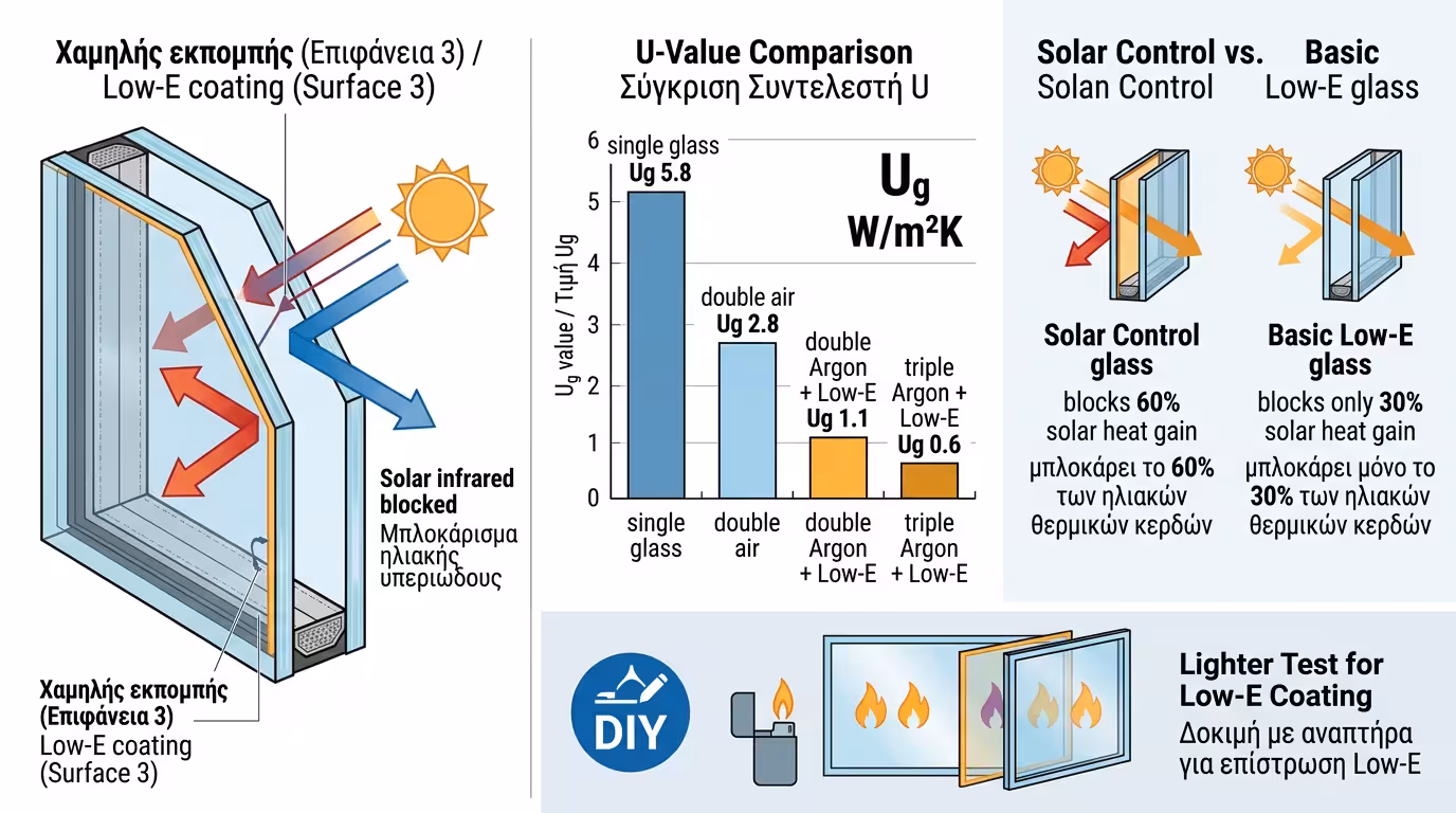 Ινφογκράφικ ενεργειακών υαλοπινάκων - Low-E, Solar Control, Argon, Ug values