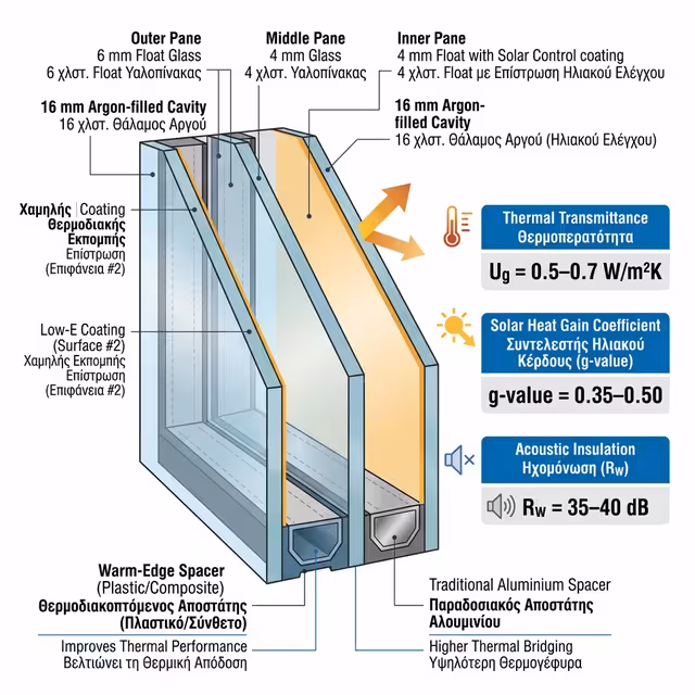 Διπλοί και τριπλοί υαλοπίνακες Low-E με Argon