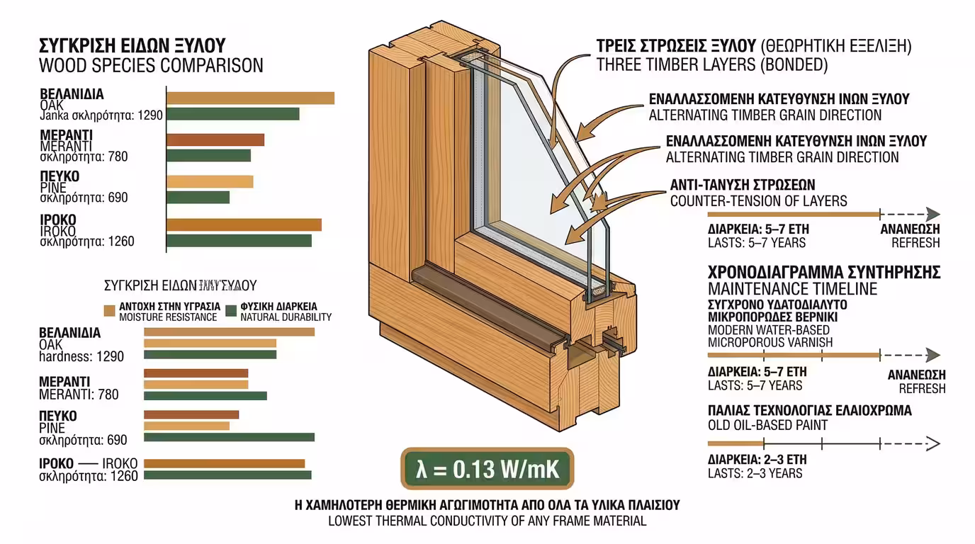 Ινφογκράφικ ξύλινων κουφωμάτων - πολυκολλητή ξυλεία, είδη ξύλου, συντήρηση