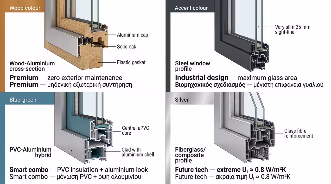Ινφογκράφικ υβριδικών κουφωμάτων - ξύλο-αλουμίνιο, χάλυβας, fiberglass