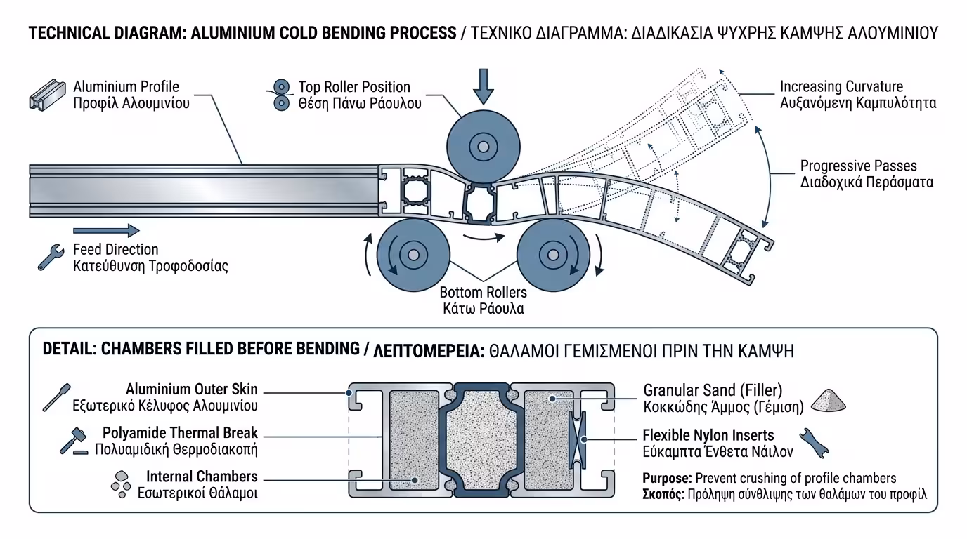 Κουρμπάρισμα αλουμινίου - ψυχρή κάμψη με ράουλα, γέμισμα θαλάμων με άμμο
