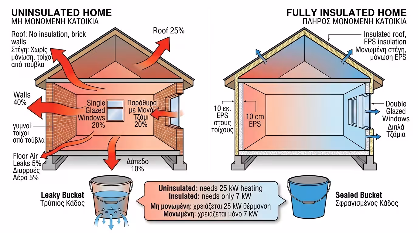 Κουβάς με τρύπες - αναλογία αμόνωτου σπιτιού με απώλειες θερμότητας