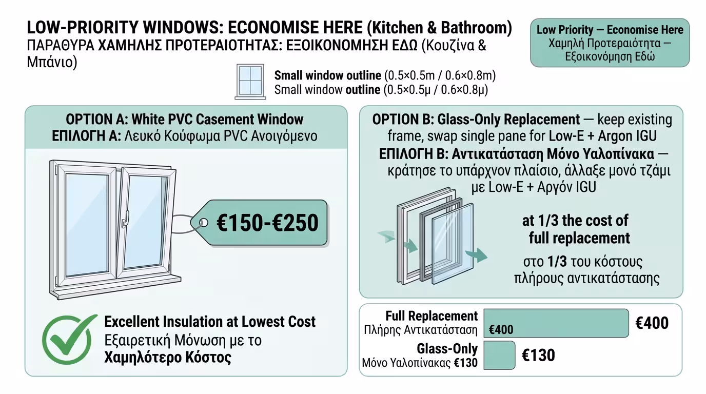 Κουζίνα και μπάνιο - μικρά παράθυρα, χαμηλότερη προτεραιότητα