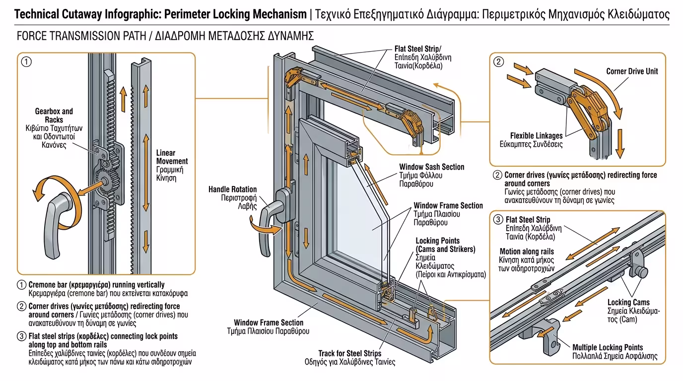 Κρεμαγιέρα, κορδέλες και γωνίες μετάδοσης κίνησης σε περιμετρικό μηχανισμό κουφώματος