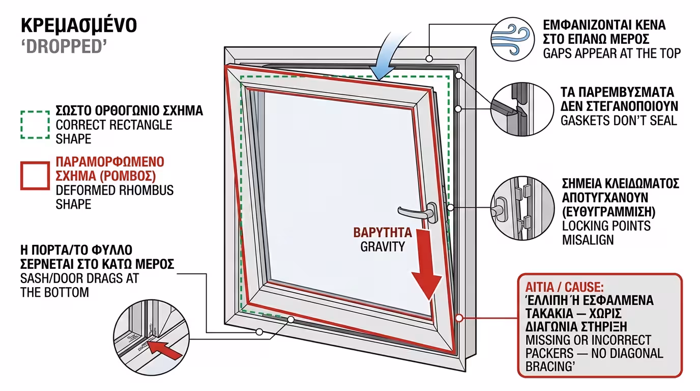 Κρεμασμένο παράθυρο - σχήμα ρόμβου, λάθος τοποθέτηση πιξακιών