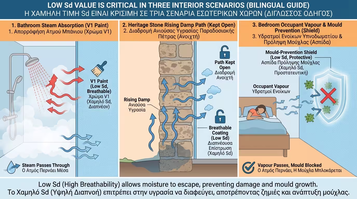 Ινφογκράφικ εσωτερικών χώρων όπου ο χαμηλός Sd αποτελεί στρατηγική επιταγή - μπάνιο, κουζίνα, ιστορικό κτίριο