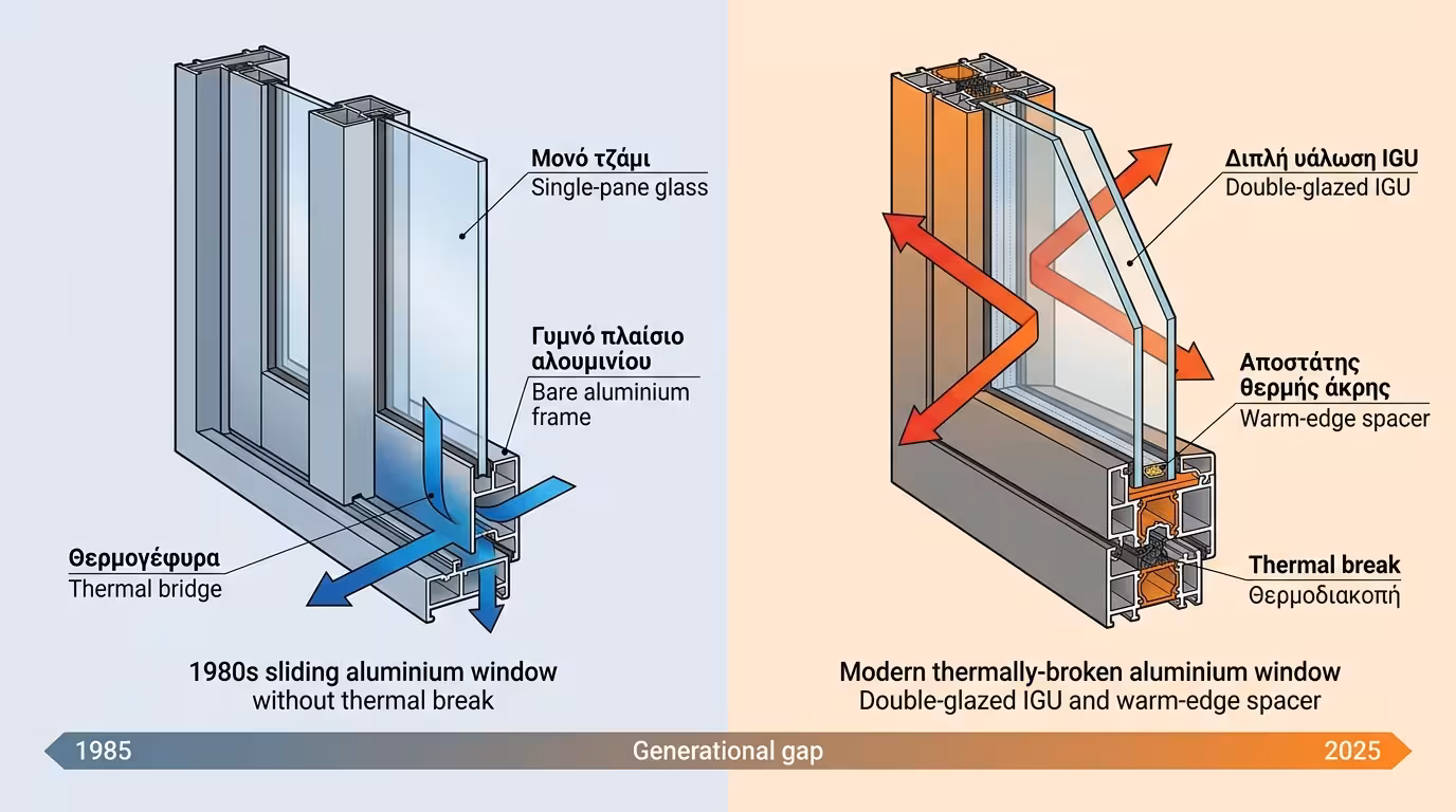 Κρύα αλουμίνια χωρίς θερμοδιακοπή - μονά τζάμια - χάσμα γενεών