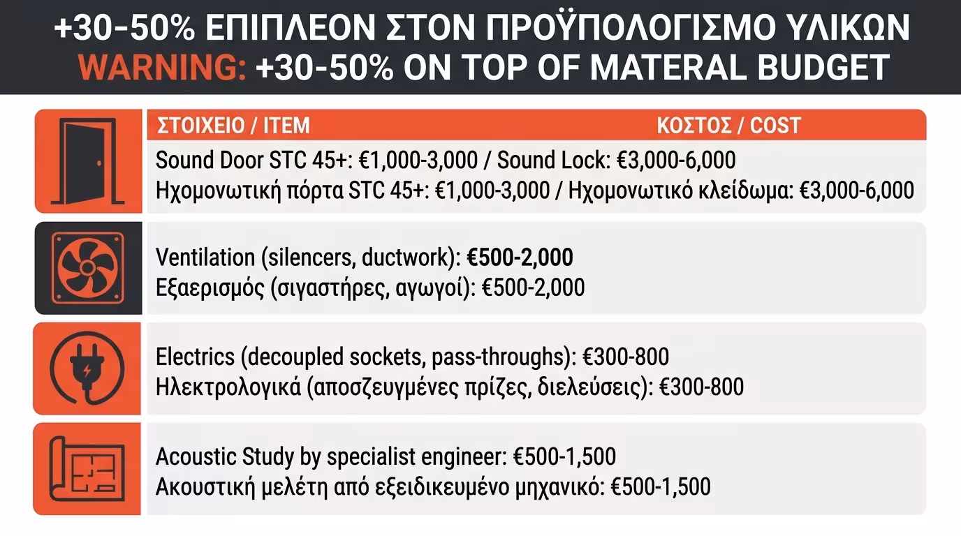 Κρυφά κόστη ηχομόνωσης: ηχοπόρτες, εξαερισμός, ηλεκτρολογικά, ακουστική μελέτη