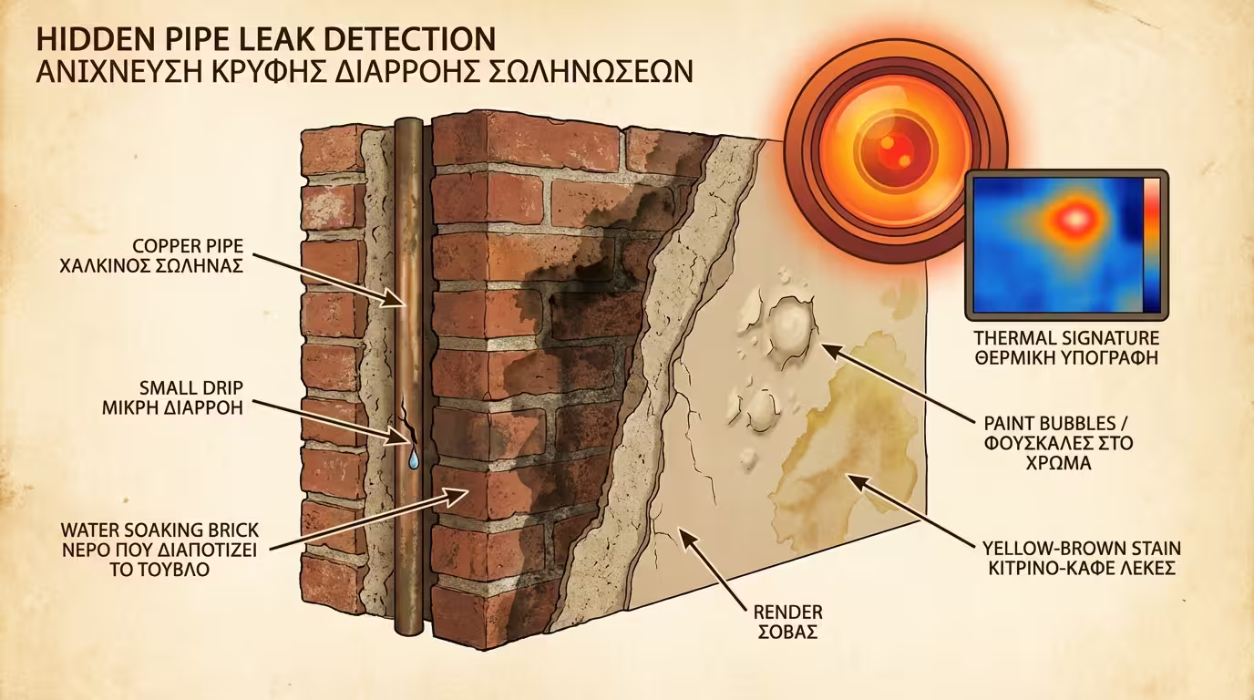 Κρυφή διαρροή - σωλήνας, τούβλο, σοβάς, λεκές