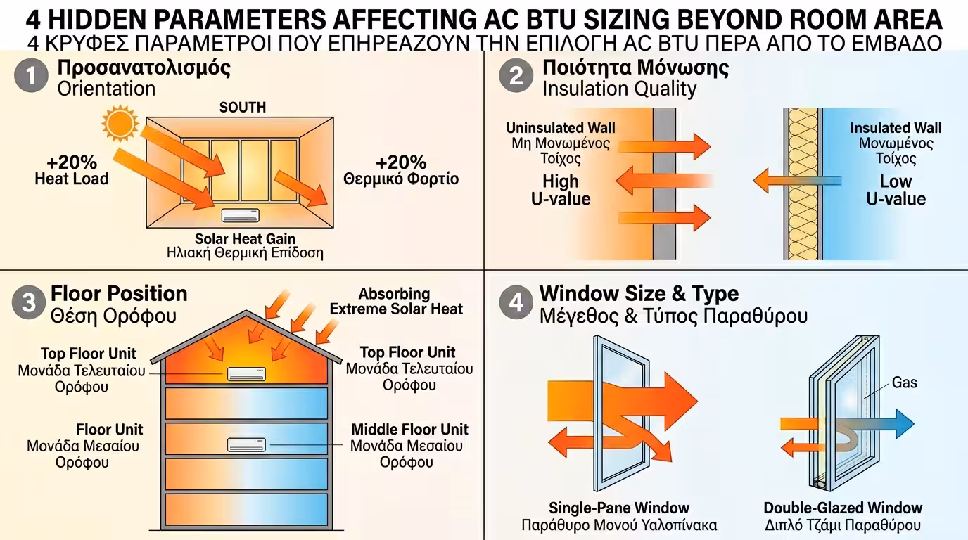 4 κρυφοί παράγοντες BTU - προσανατολισμός, μόνωση, χρήση χώρου, άτομα