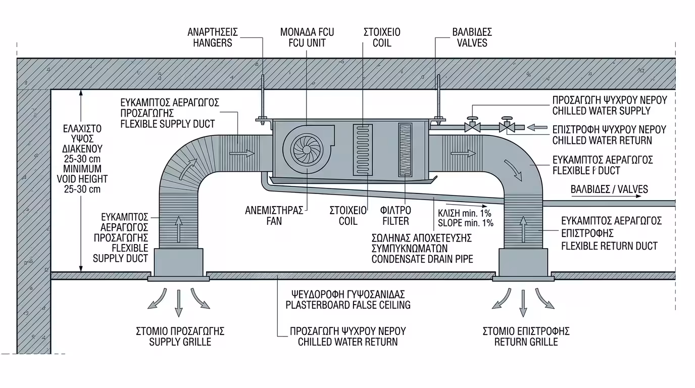 Κρυφό Fan Coil οροφής κρεμασμένο πίσω από ψευδοροφή γυψοσανίδας με γραμμικά στόμια
