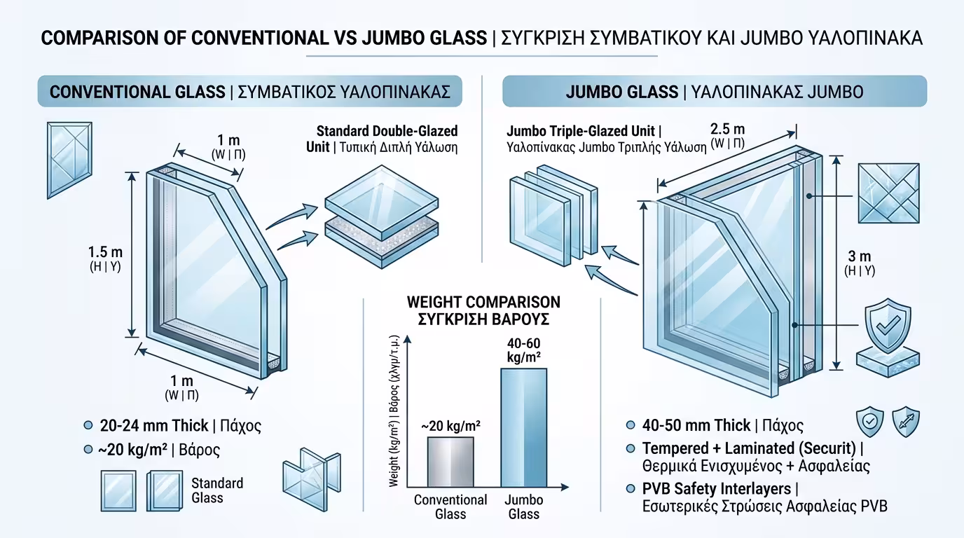 Jumbo κρύσταλλα Securit Laminated - πάχους 35-50mm για minimal κουφώματα