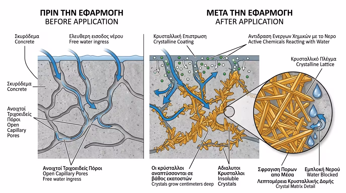 Κρυσταλλική ανάπτυξη μέσα στους πόρους του μπετόν