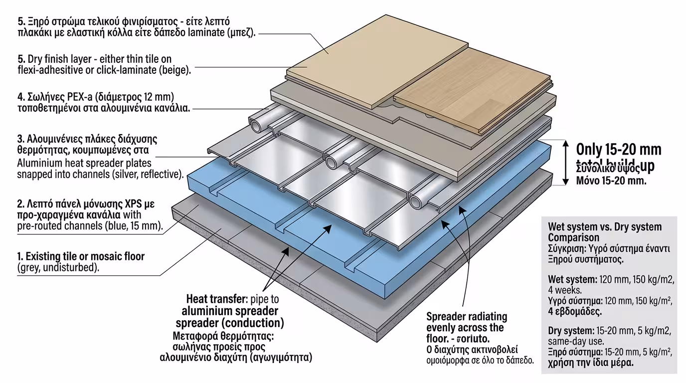 Ξηρή δόμηση – αλουμίνια heat spreader, σωλήνες, μόνωση, χωρίς τσιμέντο