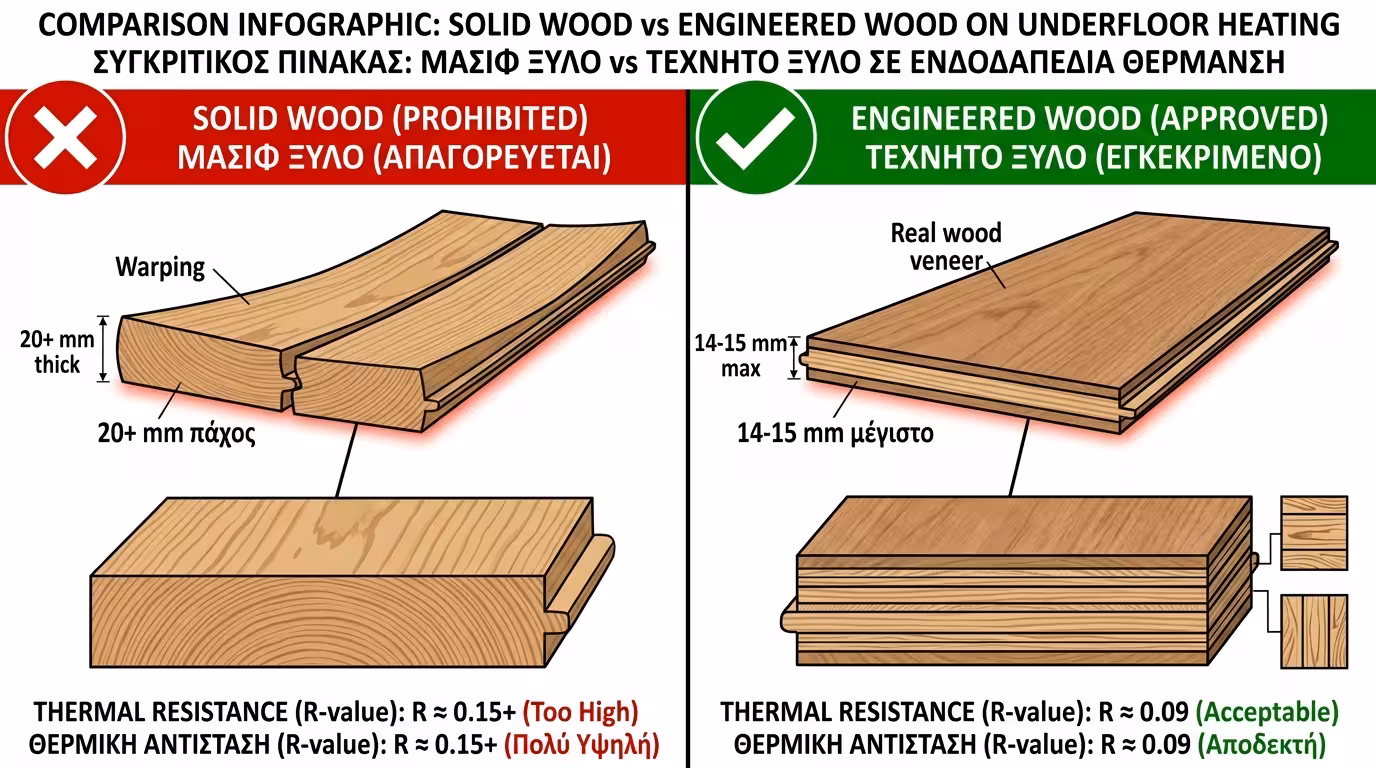 Σύγκριση μασίφ ξύλου vs ημιμασίφ engineered ξύλου πάνω σε ενδοδαπέδια θέρμανση