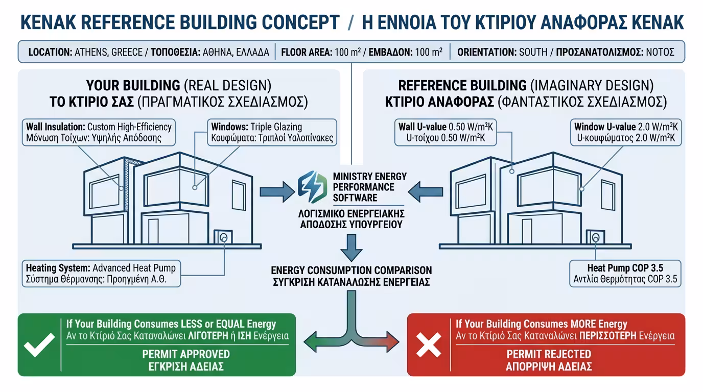 Κτίριο αναφοράς ΚΕΝΑΚ - φανταστικό δίδυμο κτίριο, λογισμικό ΥΠΕΝ, σύγκριση ενέργειας