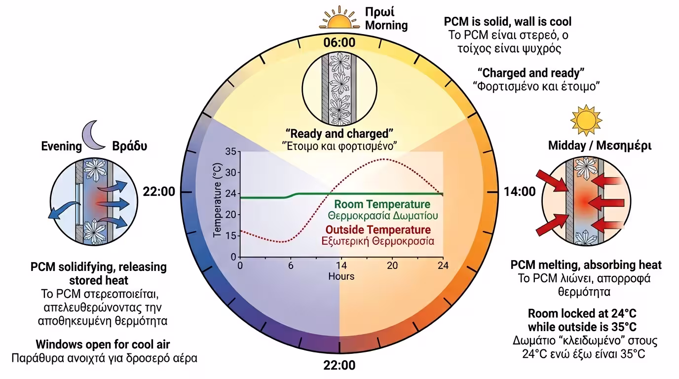 Κύκλος 24 ωρών PCM - λιώσιμο μέρα, στερεοποίηση νύχτα