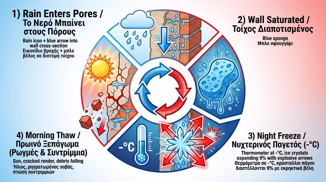 4 στάδια: εισροή → κορεσμός → πάγωμα/διαστολή 9% → σπάσιμο
