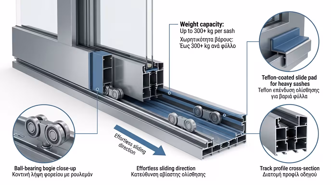 Κύλιση ανασυρόμενου - ρουλεμάν ατσαλιού σε ράγα ινοξ, μηδενική τριβή