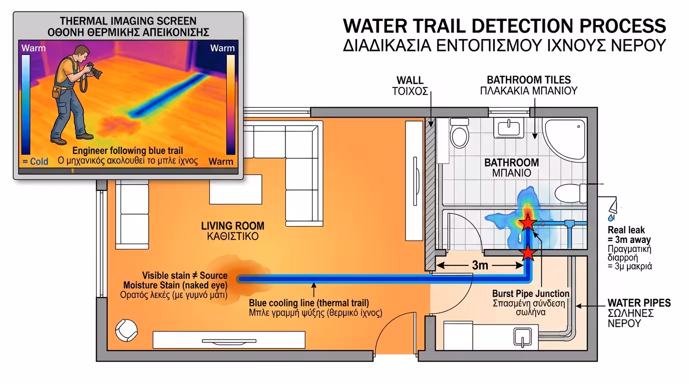 Μπλε γραμμή ψύξης - θερμοκάμερα ακολουθεί τη διαρροή μέχρι την πηγή
