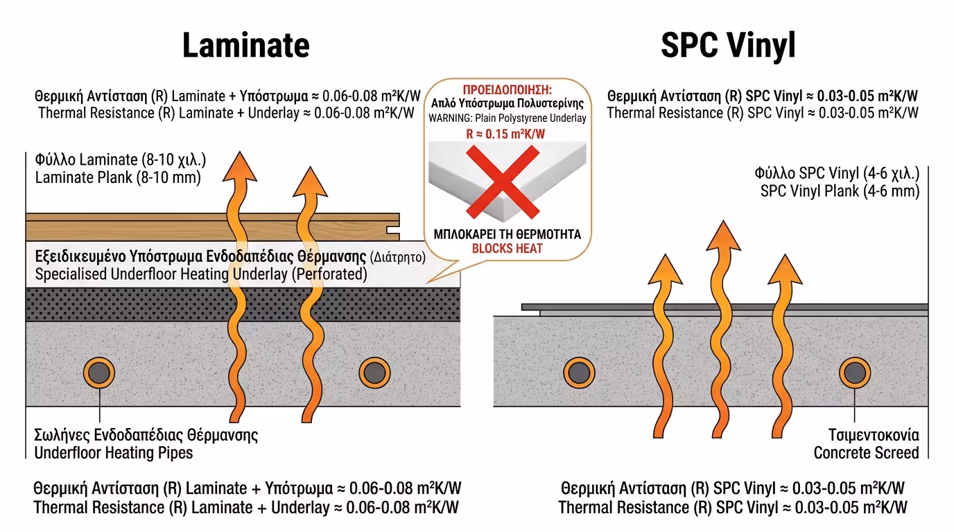 Laminate και SPC δάπεδο με μέτρηση θερμικής αντίστασης δίπλα σε ενδοδαπέδια θέρμανση