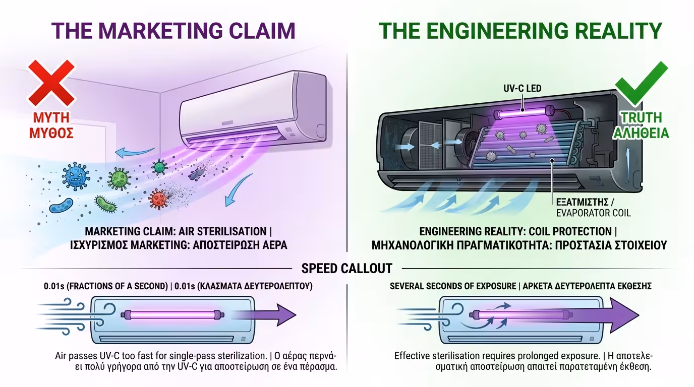 Λάμπα UV-C μέσα σε κλιματιστικό - αποτρέπει τη μούχλα, δεν αποστειρώνει τον αέρα
