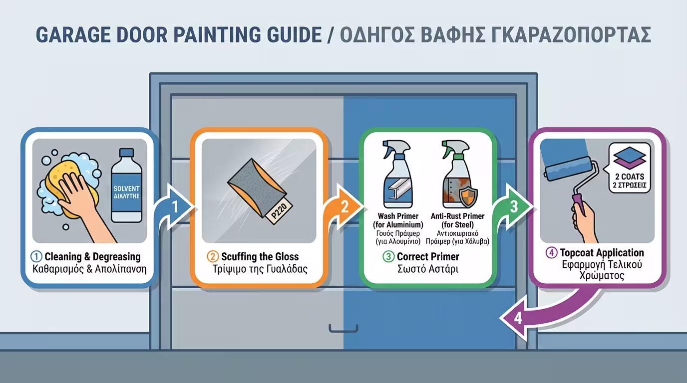 Ινφογκράφικ: 4 βήματα βαφής - καθαρισμός, σπάσιμο γυαλάδας, αστάρι, τελικό χρώμα.