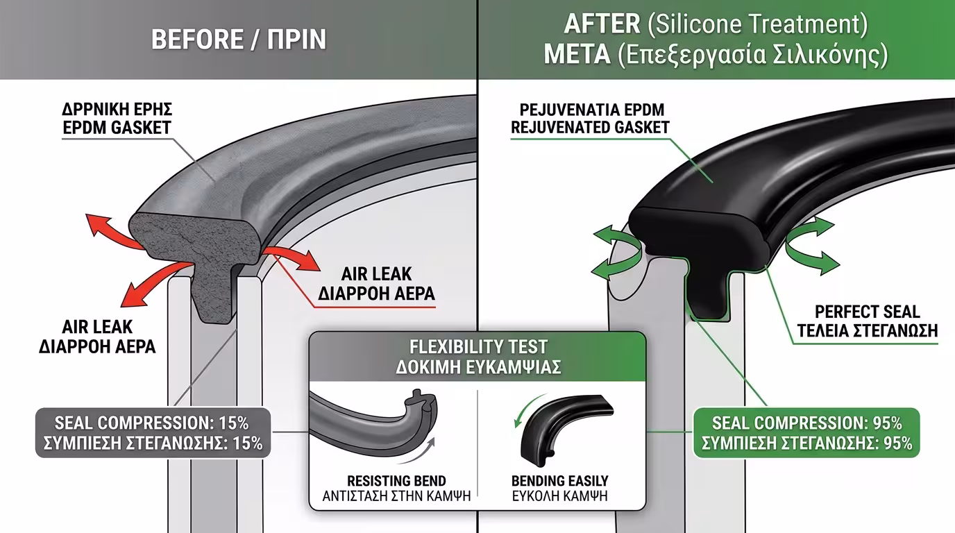 Λάστιχο πριν και μετά τη σιλικόνη - αποκατάσταση ελαστικότητας