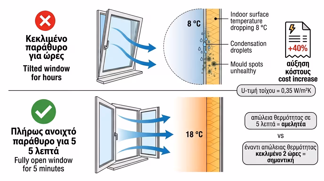 Λάθος ανάκλιση παραθύρου - παγωμένος τοίχος, σπατάλη ενέργειας θέρμανσης