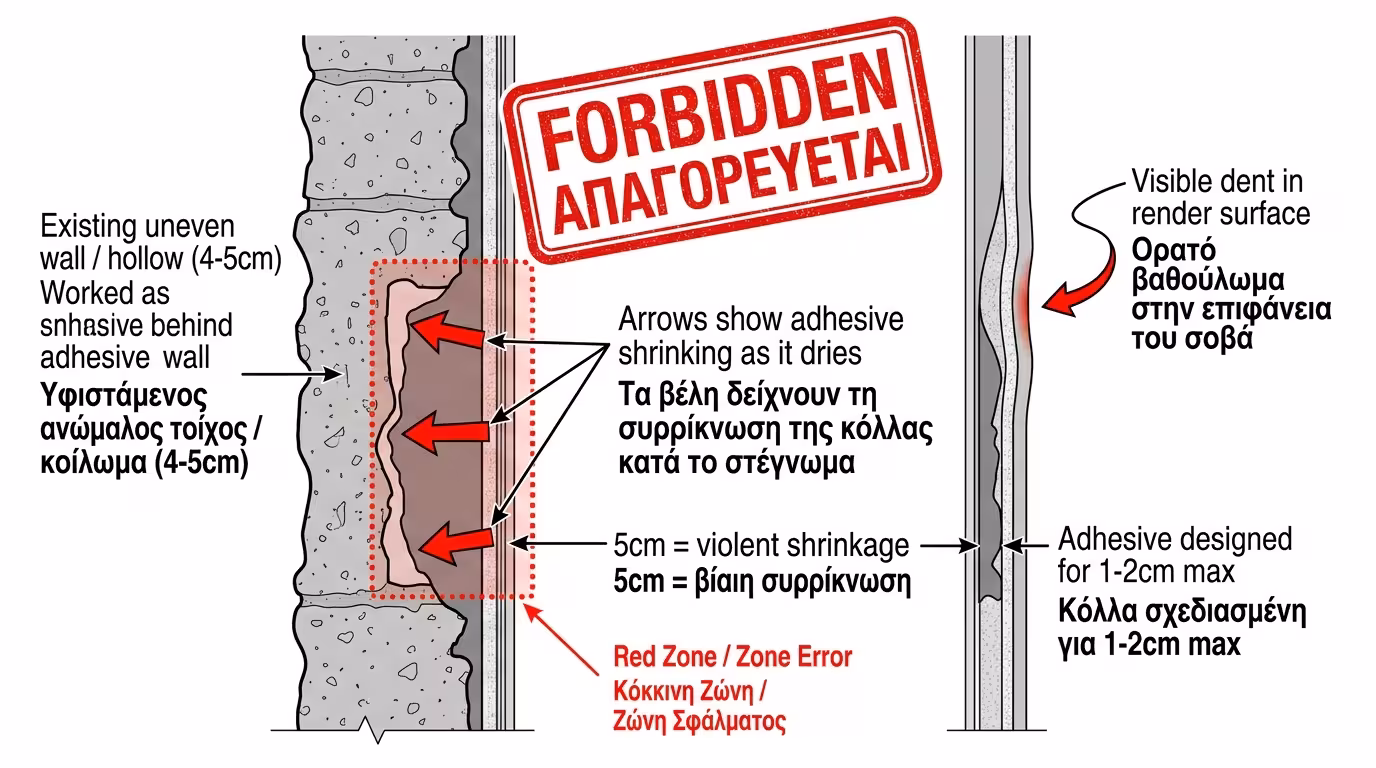 Λάθος γέμισμα κοιλίας τοίχου με υπερβολική κόλλα