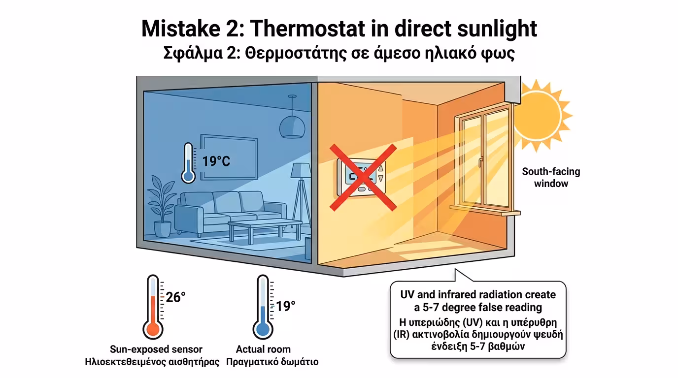 Θερμοστάτης σε ηλιόλουστο τοίχο - διαβάζει 26°C ενώ ο χώρος έχει 18°C