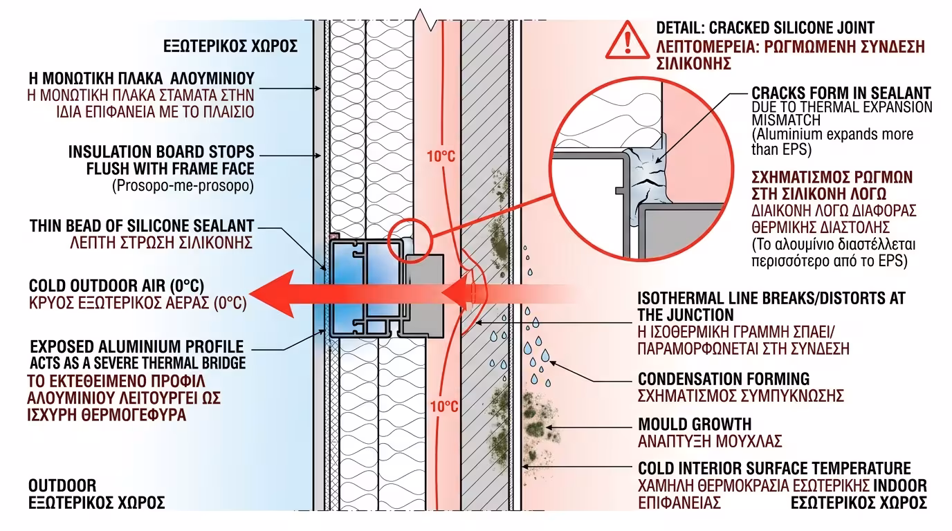 Λανθασμένη ένωση πρόσωπο-πρόσωπο ανάμεσα σε θερμοπρόσοψη ETICS και κάσα αλουμινίου - θερμογέφυρα