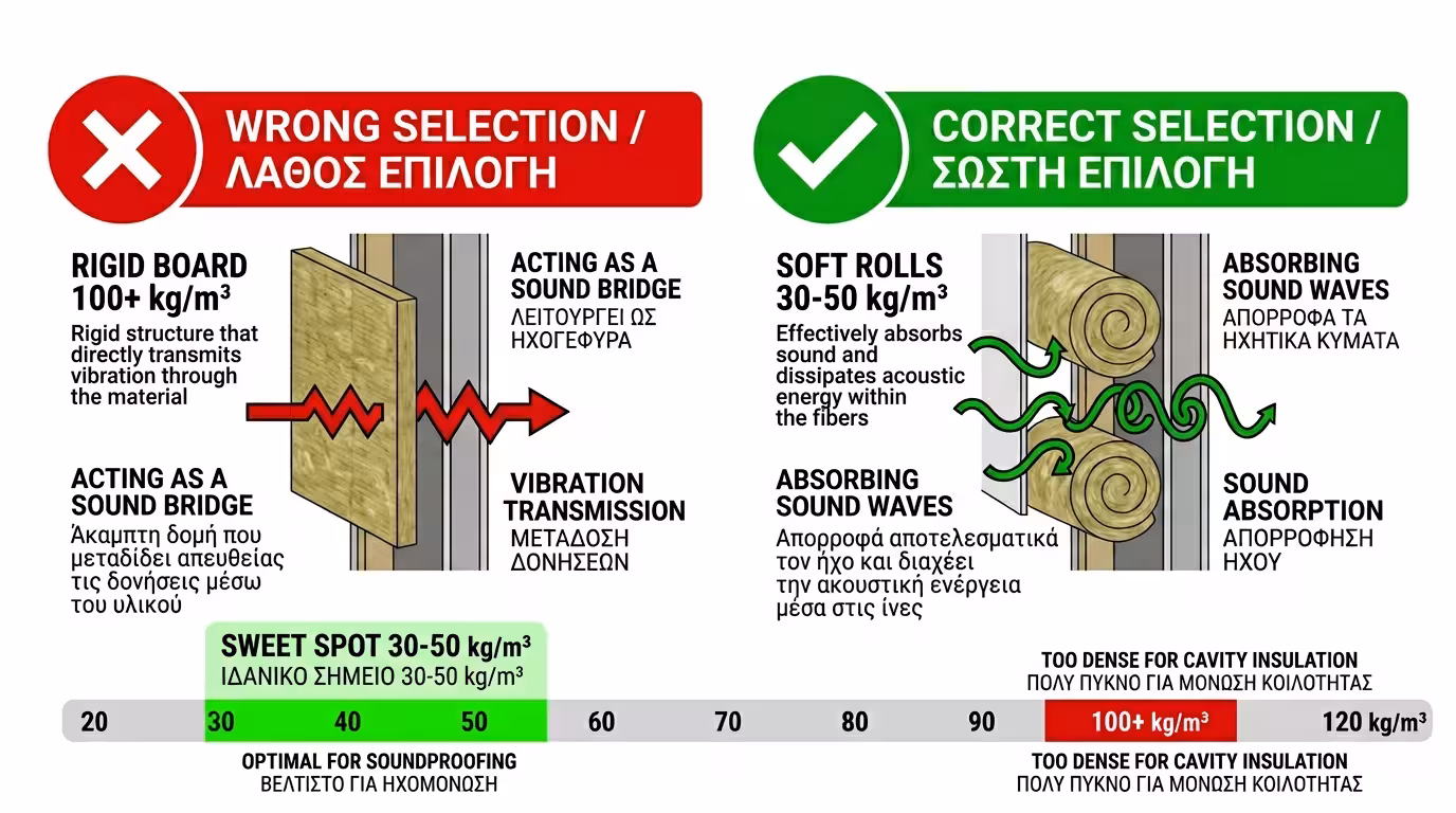Λάθος: σκληρός πετροβάμβακας 100+ kg/m³ γίνεται ηχογέφυρα - σωστό: 30-50 kg/m³