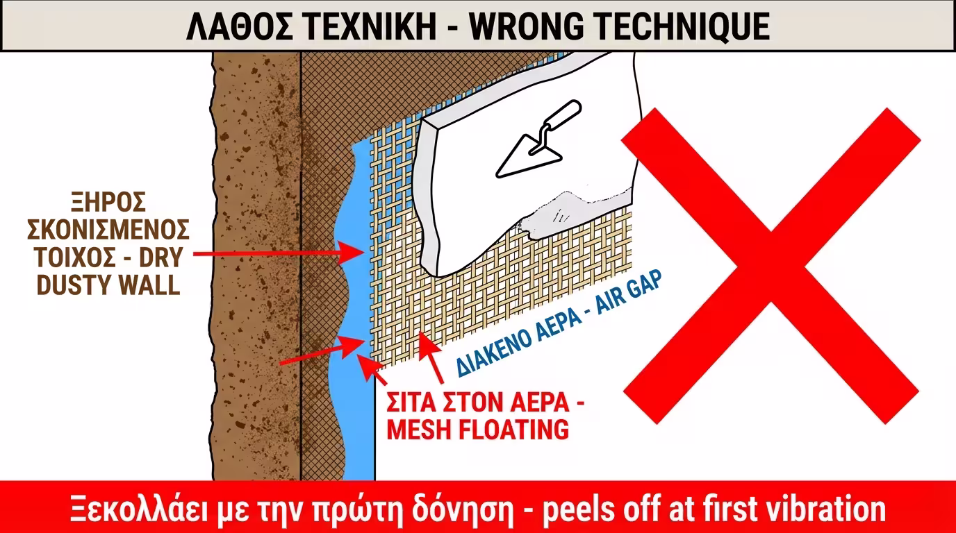 Λάθος τεχνική: αυτοκόλλητο δίχτυ σε στεγνό τοίχο, στόκος μόνο επιφανειακά, κενό αέρα πίσω