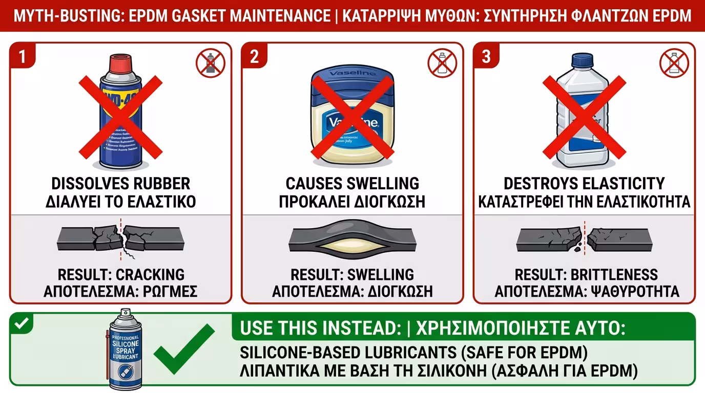 Απαγορευμένα προϊόντα: WD-40, βαζελίνη, πετρέλαιο πάνω σε EPDM