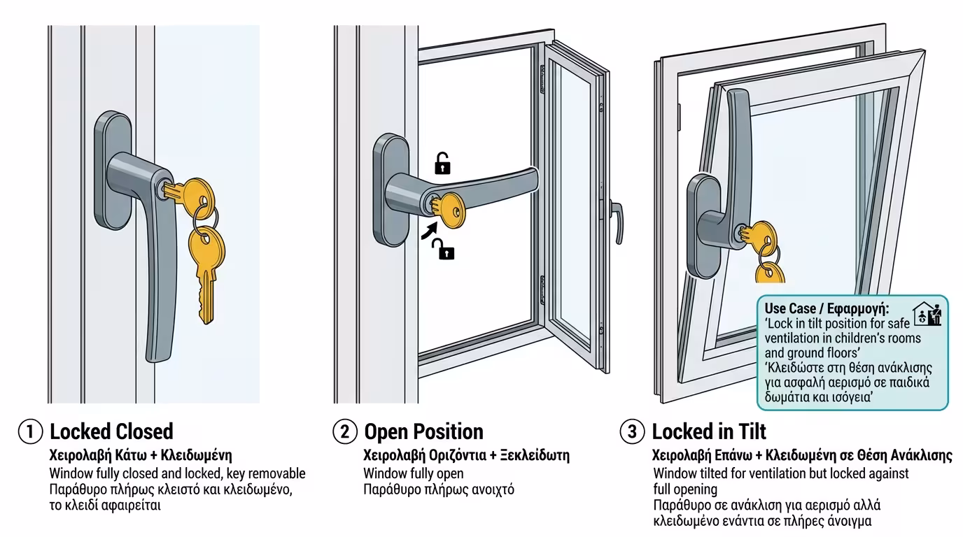 Λαβή με ενσωματωμένο κλειδί - κλείδωμα σε κλειστή θέση ή θέση ανάκλισης