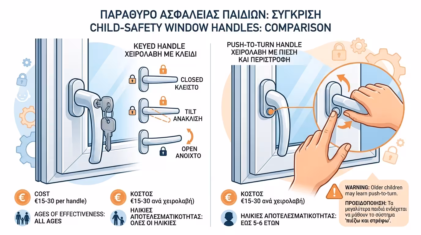 Λαβή παραθύρου με κλειδί και μπουτόν push-to-turn παιδική ασφάλεια