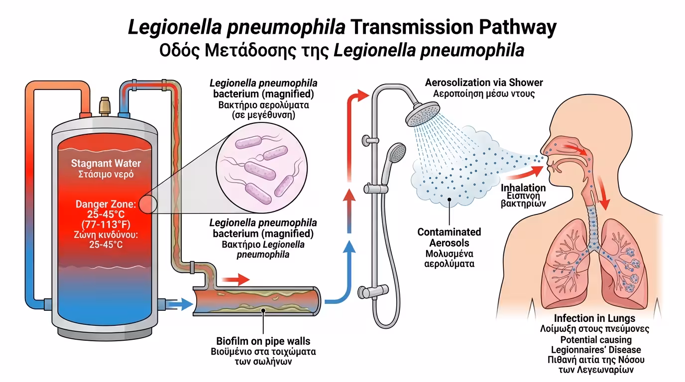 Legionella – μόλυνση μέσω αερολύματος στο ντους, πνεύμονες, σταγονίδια